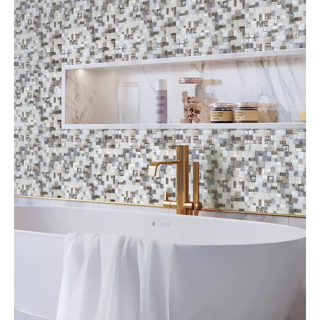 Apollo tile 12" x 12" Majeste Glossy White Beige Glass Tile (10.85 sq ft/case) - 10 Pack