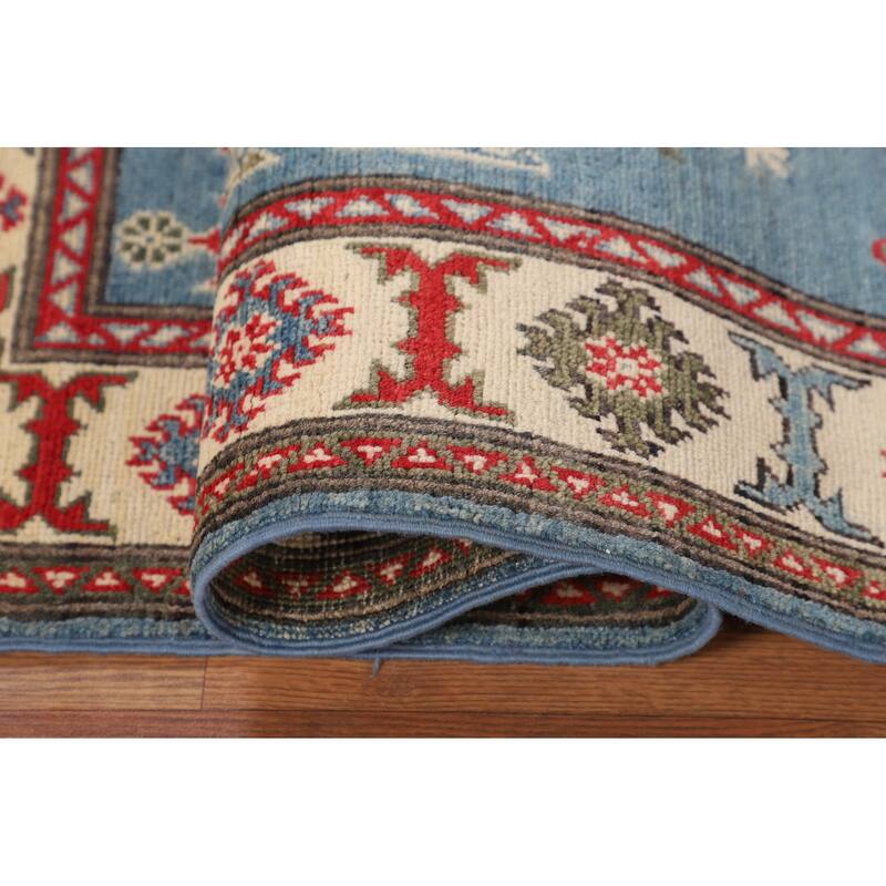 Blue Geometric Kazak Foyer Rug Hand-Knotted Oriental Wool Carpet - 3'4" x 4'11"