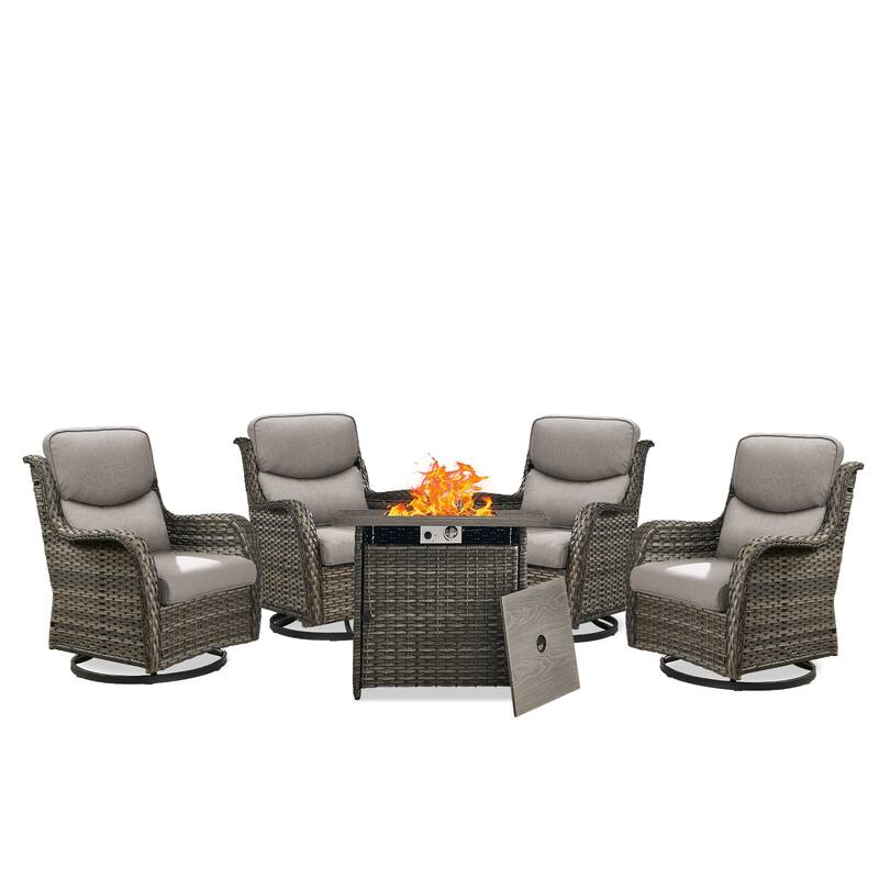 5 Pieces Outdoor Gliders Chairs Fire Pit Table with 5-Inch Thick Cushions