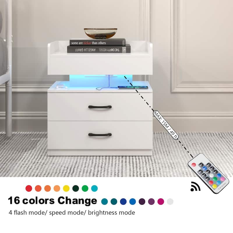Anmytek Modern White Nightstand with Charging Station LED Lights and 2 Drawers Waterproof Bedside Table