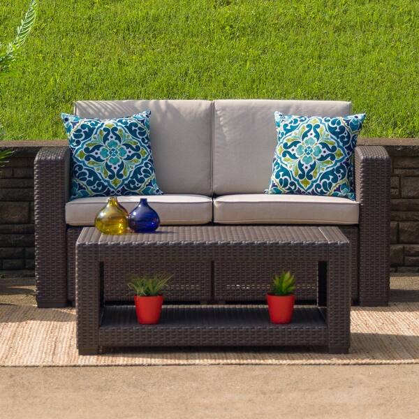 Shop Chocolate Brown Faux Rattan Loveseat With All Weather Cushions Overstock 17432753
