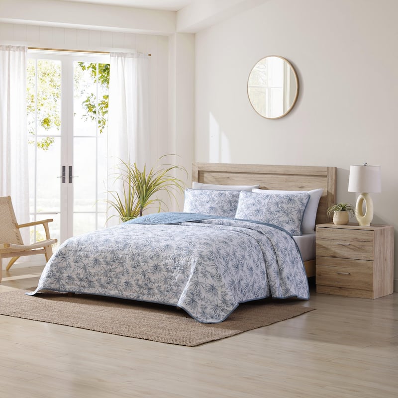 Tommy Bahama Pen And Ink Palm Cotton Reversible Blue Quilt Set