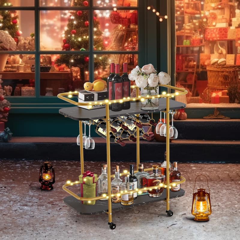 EROMMY Gold Bar Cart with Wheels, Rolling Liquor Cart with Wine Rack and Glass Holder, Modern Bar Trolley for Home Kitchen.