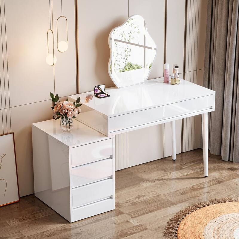 39" Modern White Desk with 5 Drawers & Printer Stand, Reversible Computer & Vanity Table