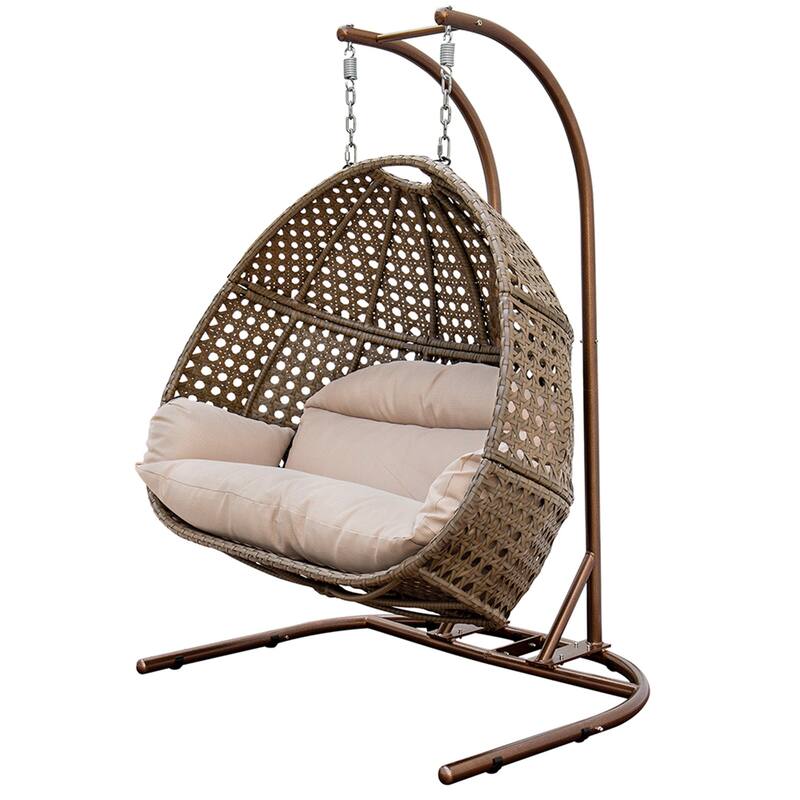 Charcoal Wicker Hanging Double-Seat Swing Chair with Stand with Cushion - Beige