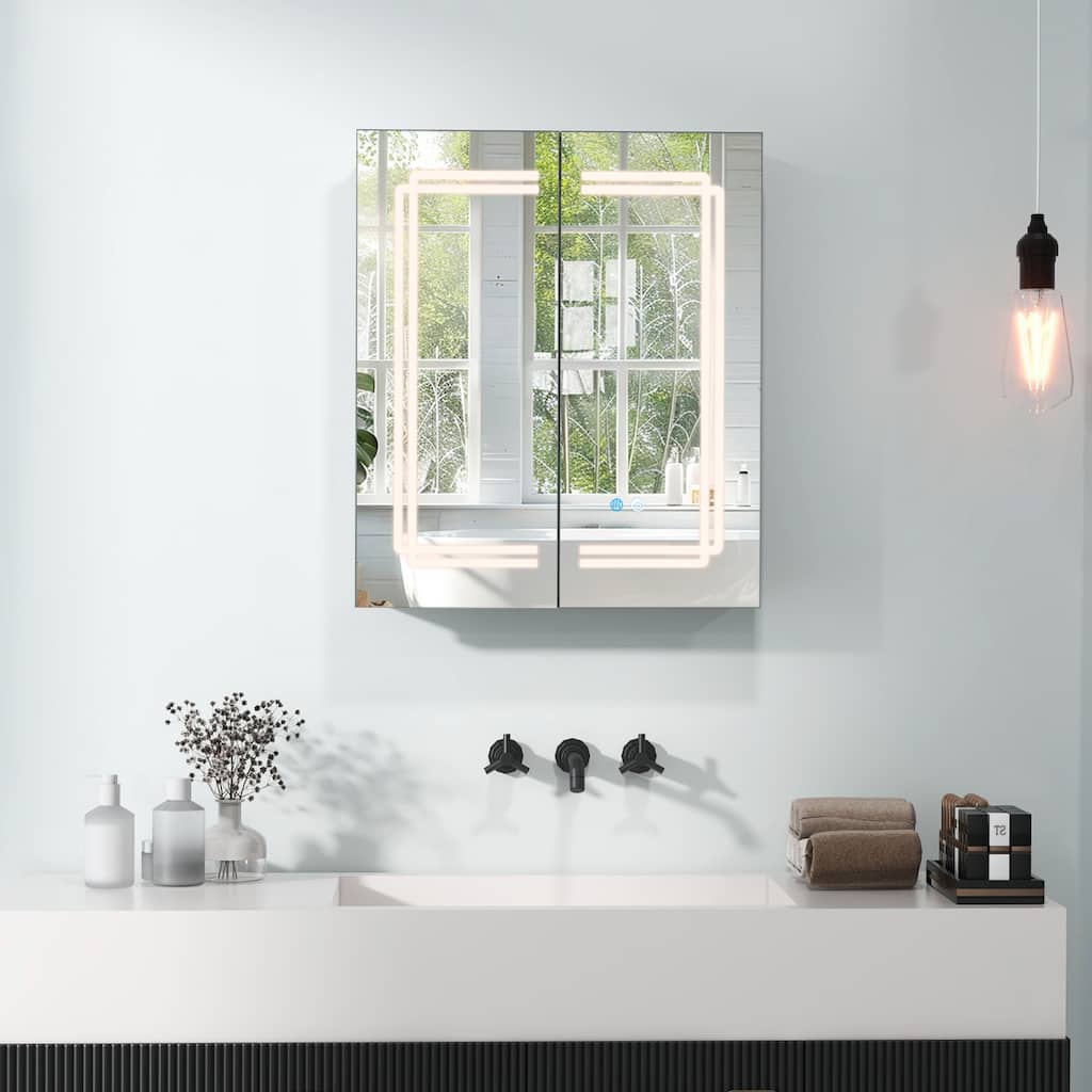 White Wall Mounted Mirror Medicine Cabinet with Lights Defog Function and Glass Shelves Power Outlets - 23.5" x 27.5" x 5"