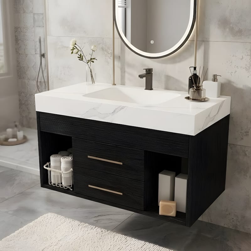 29.9-inch floating bathroom vanity with sintered stone countertop and ceramic undermount sink