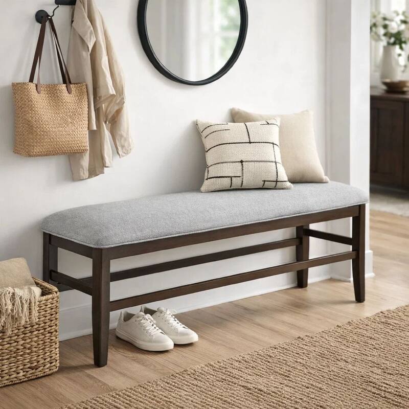 Hiun Dining Bench, Dove Gray Padded Seat, Oak Brown Wood, 50 Inch