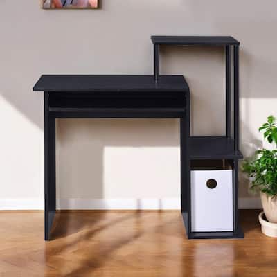 37" Black Metal and Wood Computer Desk with Keyboard Tray and Shelf Modern Design for Small Rooms