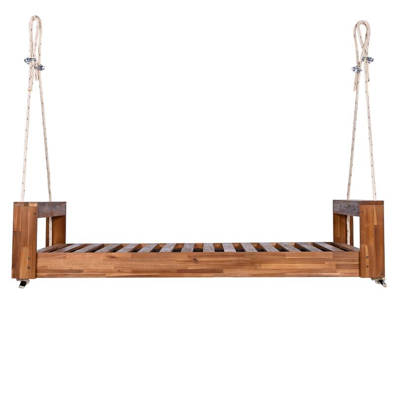 Twin Size Acacia Wood Porch Swing Bed with Hemp Ropes, Outdoor Hanging Daybed Frame for Patio, Garden or Backyard Retreat