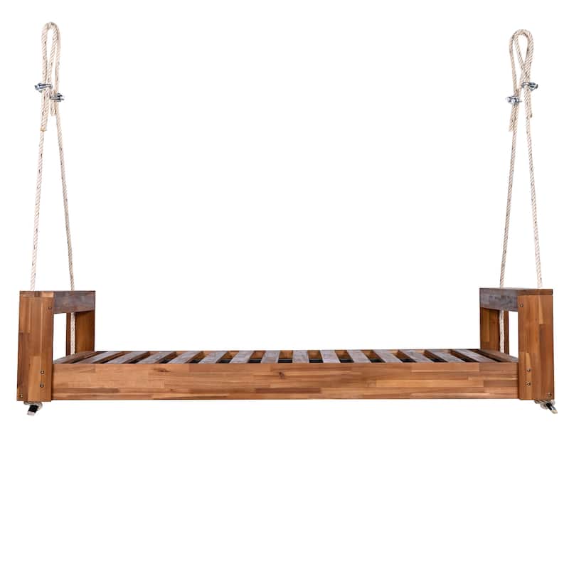 Twin Size Porch Swing Bed Seating Group, Patio Acacia Wood Swing Frame with Hemp Ropes for Garden