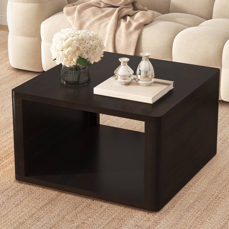 Roomfitters Modern Square Coffee Table with Open Storage Shelf, Wood Finish, 2-Tier Center Table 30.8" - Dark Brown