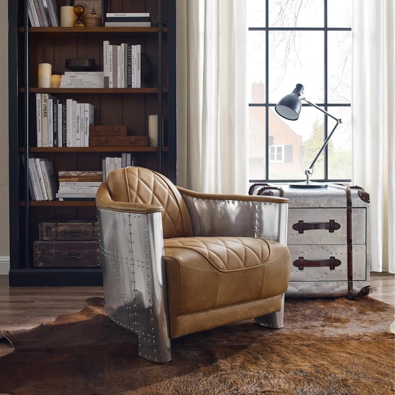 Art Leon IndustrIal Retro Top Grain Leather & Aluminum Accent Chair