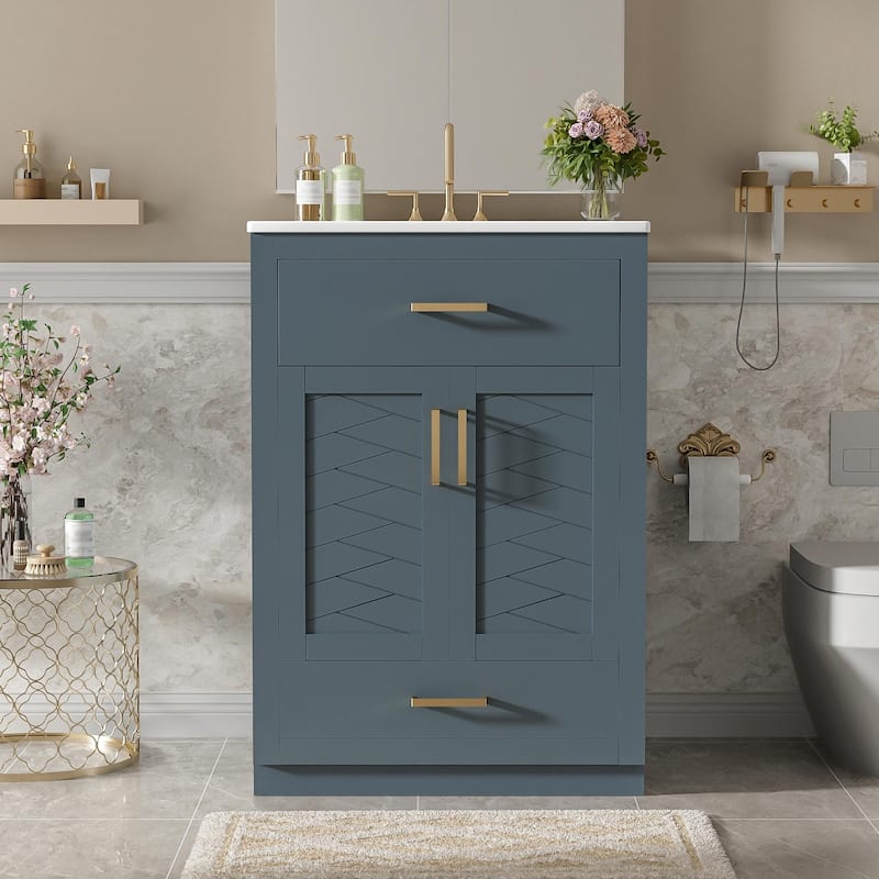 24" Bathroom Vanity with Integrated Ceramic Sink, Cabinet with 2 Doors, 1 Tip-out Drawer - Blue