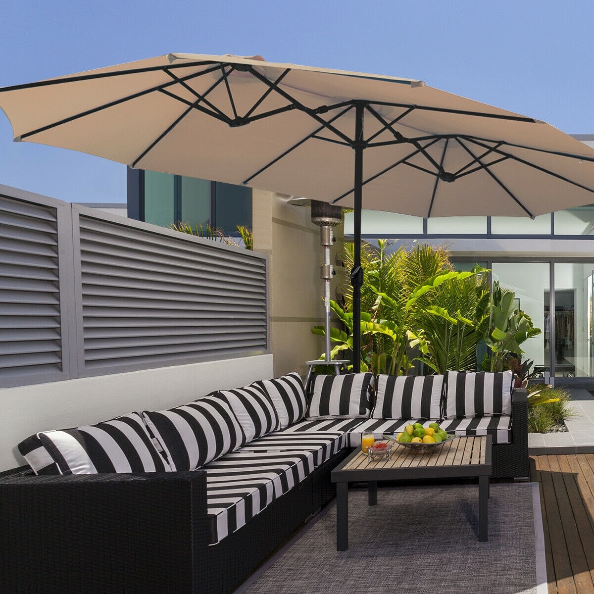 15 Ft terrace twice Side Umbrella Backyard ample shade protect Crank & Base ORAN 
