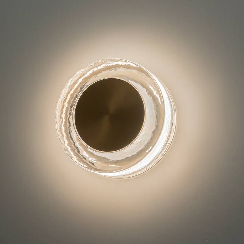 Round LED Wall Sconce Clear Textured Handblown Glass Shade Dimmable