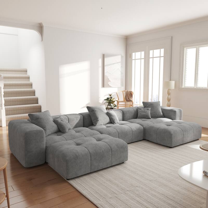 144.17" Linen Sectional Sofa U-shaped Modular Couch Wide Armrest Sofa with Pillows for Living Room - Grey