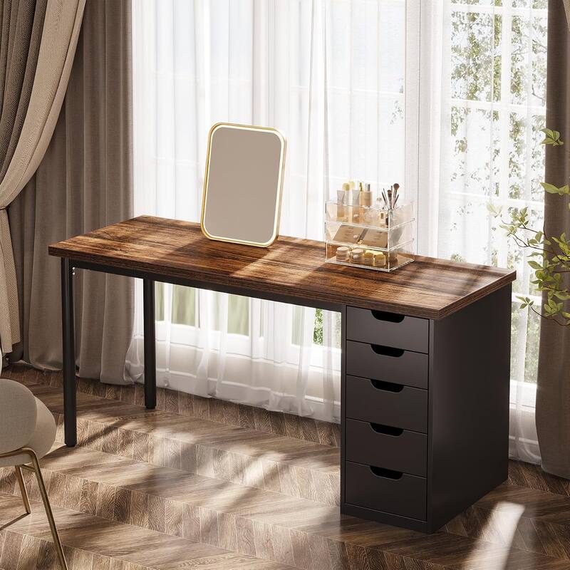 Modern Computer Desk with 5 Reversible Drawers, Storage Home Office Desk, PC/Laptop Desk, Study Writing Table Workstation