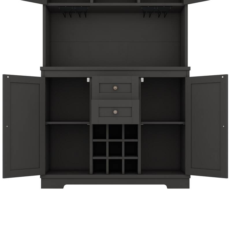 Roomfitters Farmhouse Coffee Bar Cabinet with Wine Storage, Buffet Sideboard with Glass Racks and Shelves