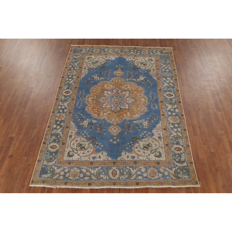 Blue Tabriz Persian Vintage Rug Hand-Knotted Oriental Wool Carpet - 6'5"x 9'5"