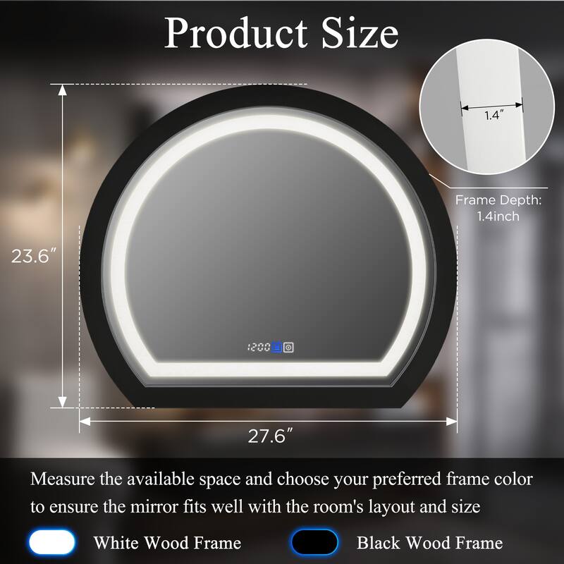 Arched Black Framed LED light Anti-fog 3 Colors Dimmable Wall Mirror - 27.6x23.6
