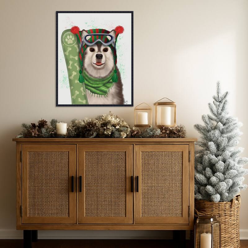 Christmas Husky Snowboard by Fab Funky (23 x 28 in.), Framed Canvas Wall Art Print - Sylvie Beaded Black