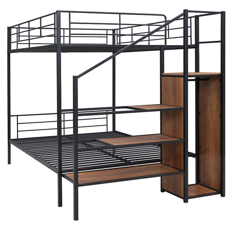 Black Full over Full Size Metal Bunk Bed with Lateral Storage Ladder and Wardrobe
