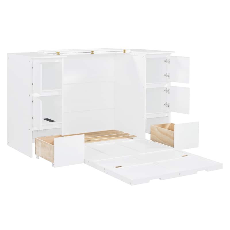 White Twin Size Murphy Bed with Drawers, Cabinets & USB Ports