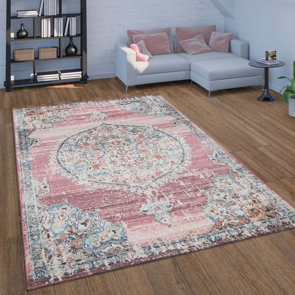 In & Outdoor Area Rug for Patio Oriental Pattern In Blue Grey and Pink