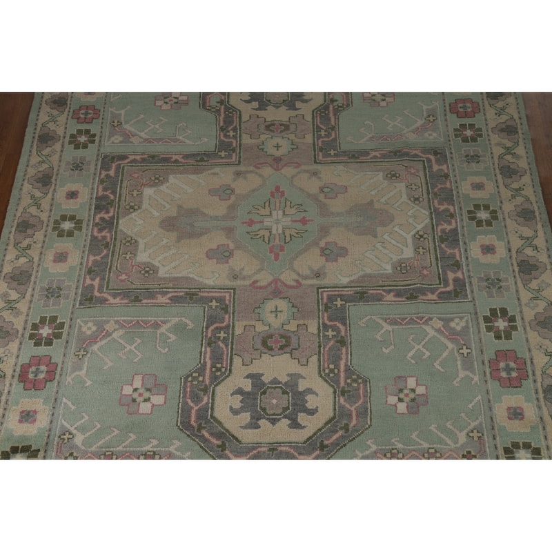 Green Geometric Oushak Indian Area Rug Hand-Knotted Wool Carpet - 7'6" x 10'0"