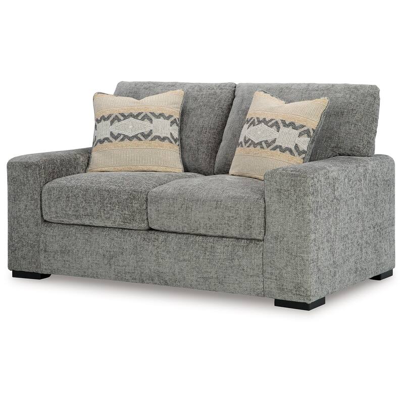 Mord Loveseat, 71 Inch Soft Light Gray Polyester, 2 Throw Pillows