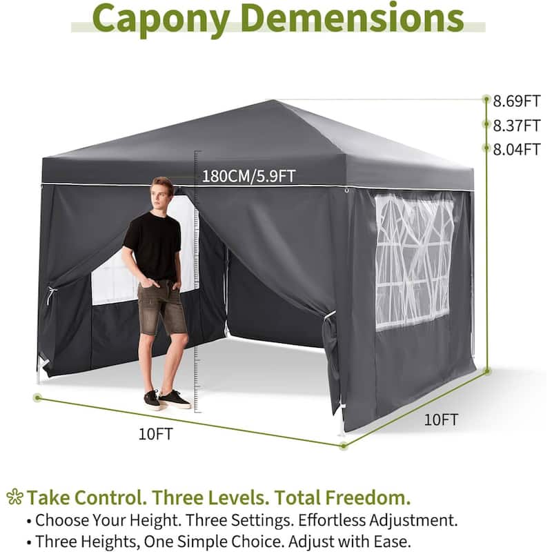 10X10 Ft Instant Waterproof Portable Pop-Up Canopy Tent with 4 Sidewalls for Outdoor Camping, Beach, Backyard