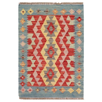 Retro Turkish Kilim Kelvin Red Blue Hand-Woven Wool Rug - 2'2'' x 2'5''