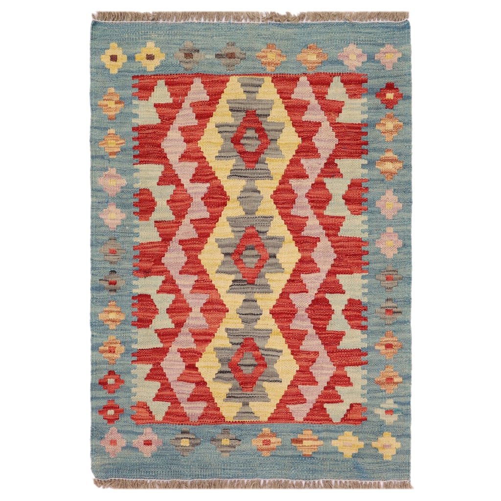 Retro Turkish Kilim Kelvin Red Blue Hand-Woven Wool Rug - 2'2'' x 2'5''