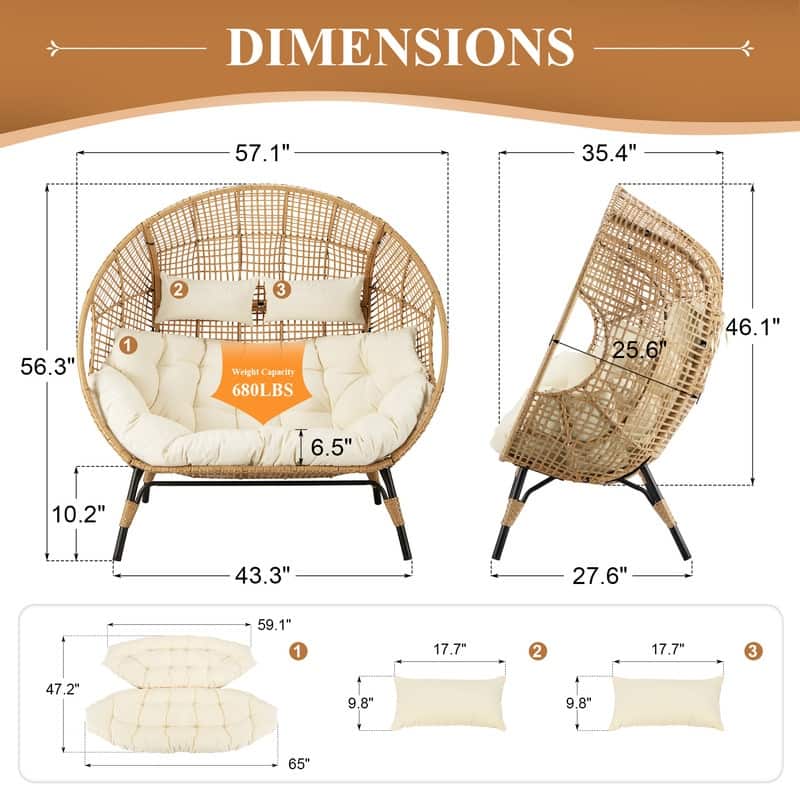 FINCATI Outdoor Loveseat Wicker Egg Chair, 57.1 in Wide, 680-lb Capacity