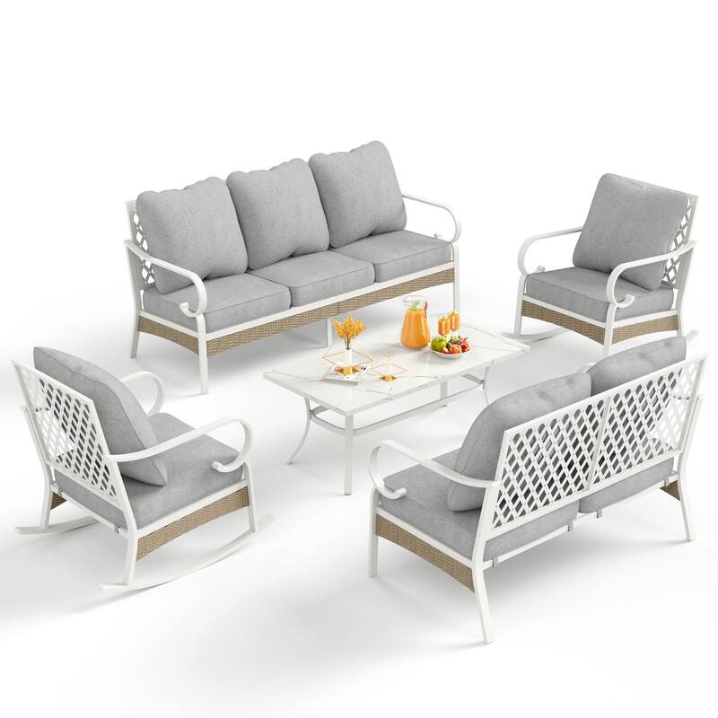 MAISON ARTS 7-Seat Patio Conversation Set, 2/4 x Cushioned Metal Chair, 1 x 2-Seat Sofa,1 x 3-Seat Sofa with Coffee Table - Set 5 - Grey