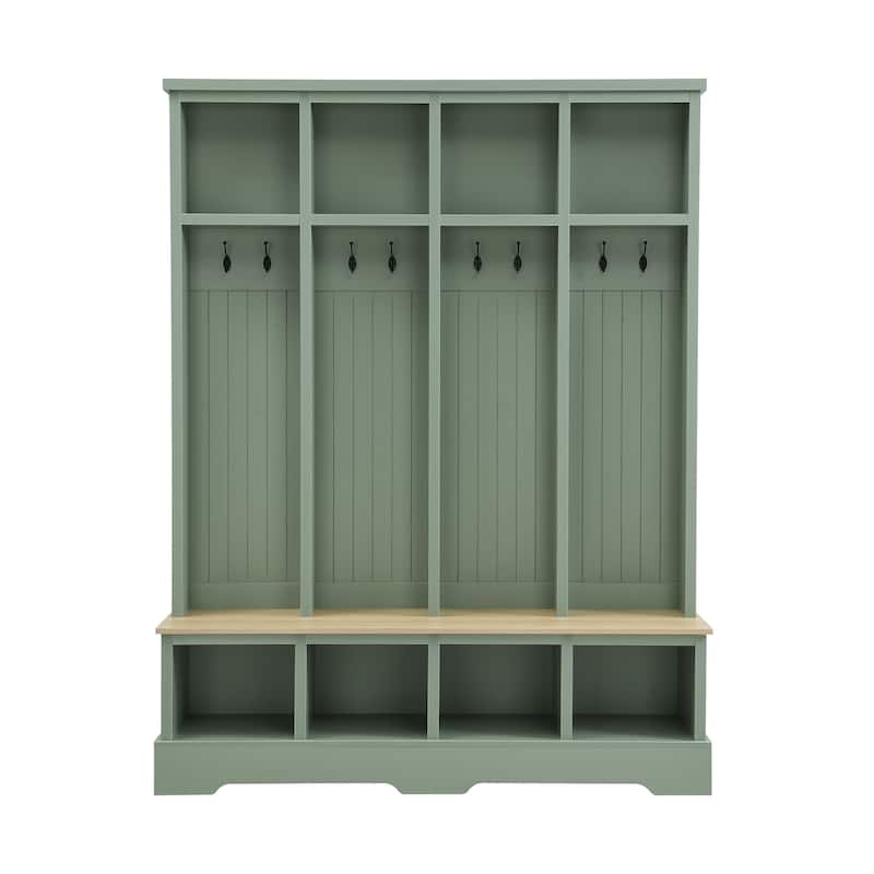 Farmhouse Hall Tree Bench with 8 Hooks & Storage Compartments