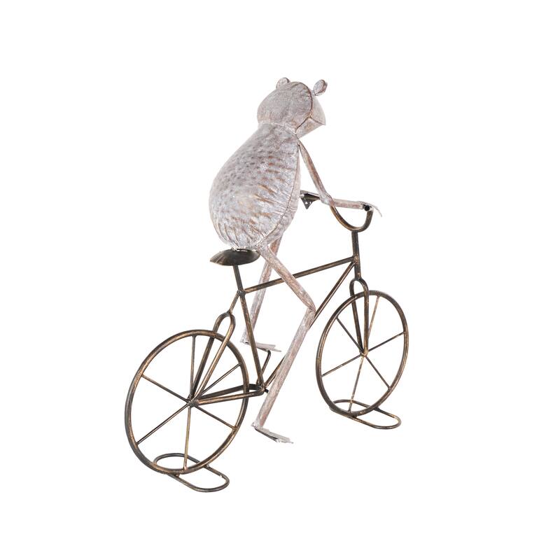 Metal Frog On Bicycle Garden Sculpture with Gold Accents - Green or Copper - Roche River Decor