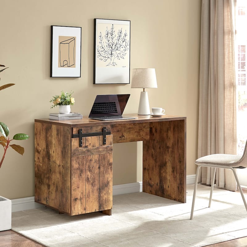 Home Office Desk Distressed Wood One Cabinet Three Shelves Faux Barn Door on Metal Euro Hinges Modesty Panel