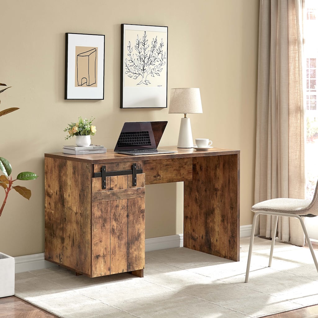 Rustic Home Office Desk with Faux Barn Door Cabinet, Removable Shelves, and Finished Distressed Wood Look