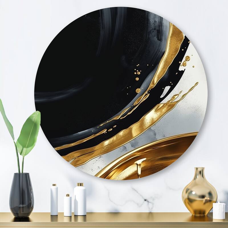 Designart "Black Gold Abstract Shapes Marble I" Abstract Marble Metal Round Wall Art - 29x29 - Disc of 29 Inch