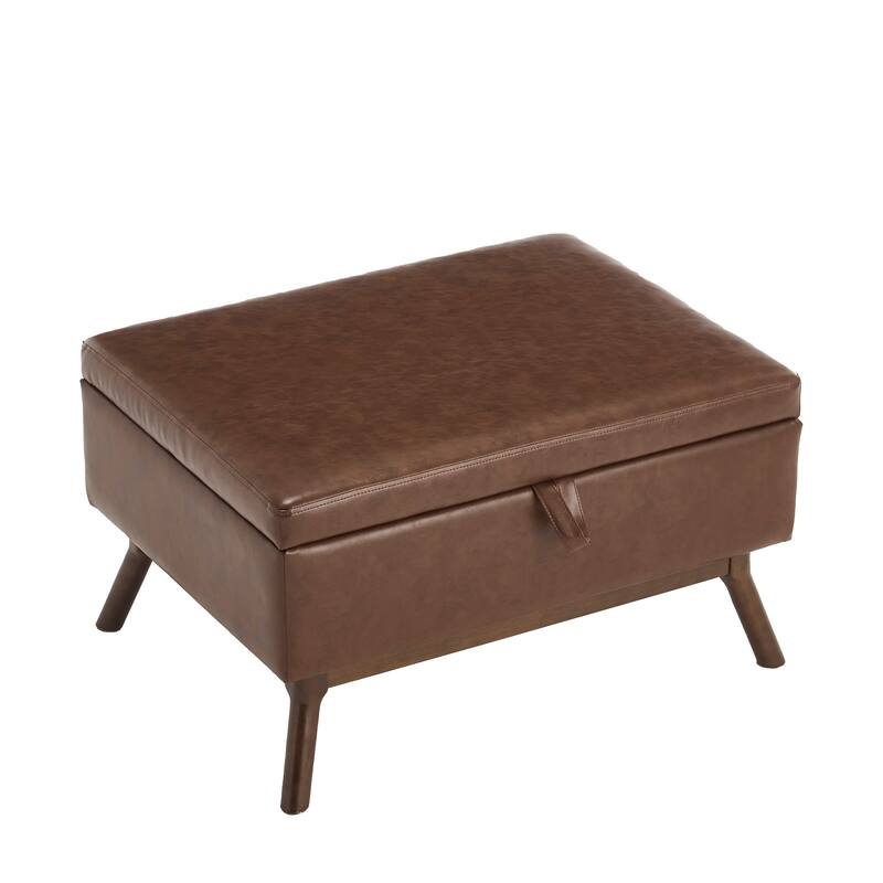 Square Storage Bench Coffee Table, Storage Ottoman Table with Wood Legs, Upholstered Footstool with Hidden Storage Compartment