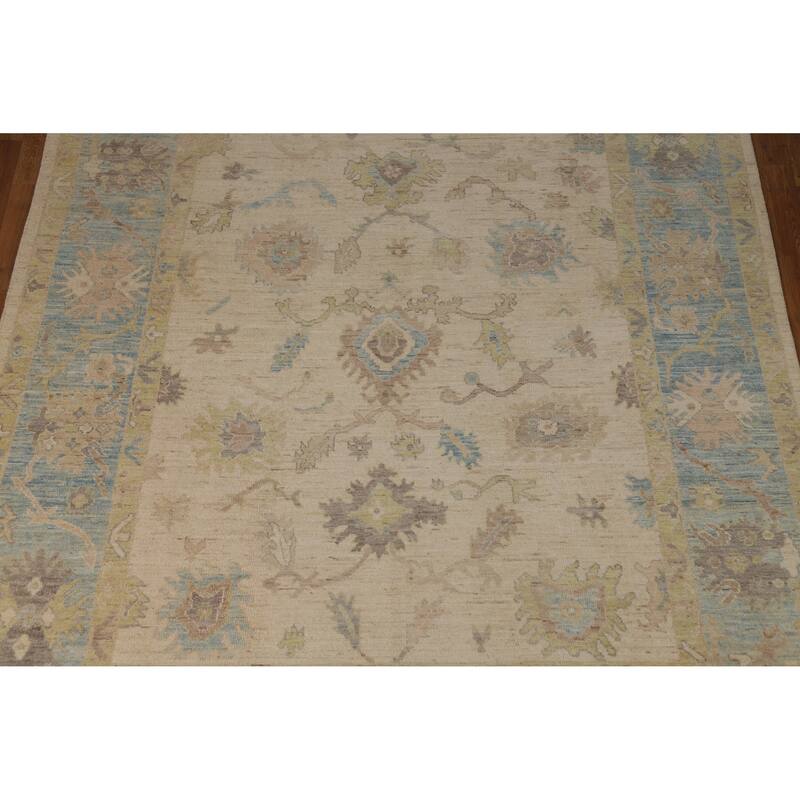 Beige Vegetable Dye Oushak Turkish Area Rug Hand-Knotted Wool Carpet - 7'10"x 9'10"