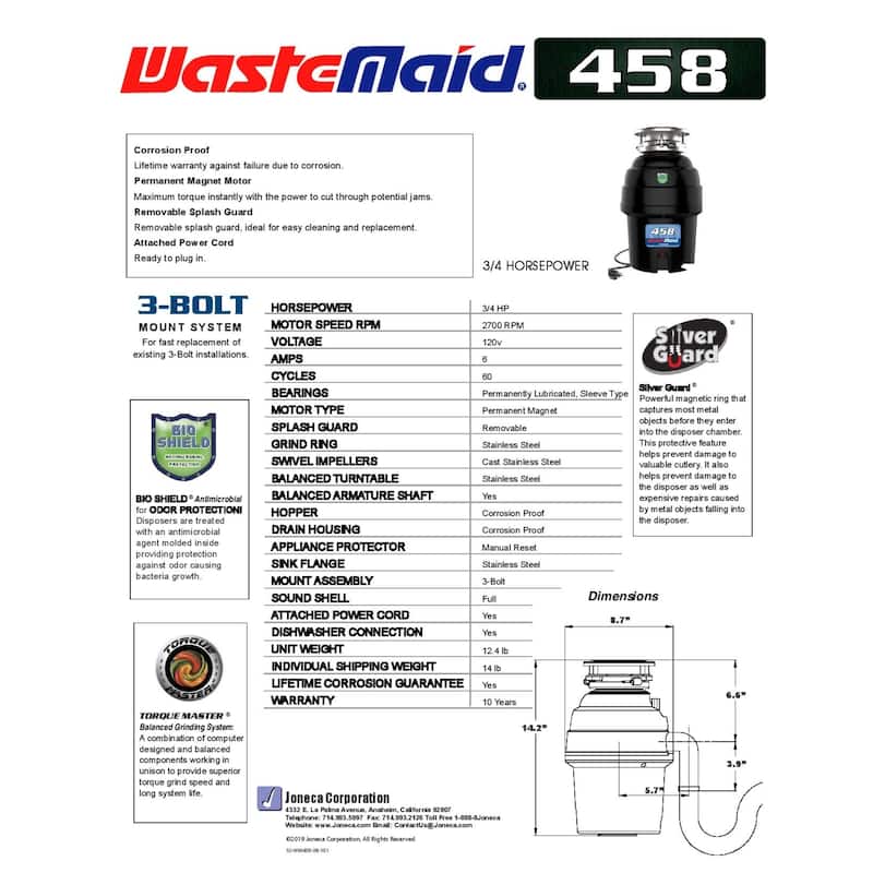 Waste Maid 3/4 HP Deluxe Garbage Disposal with Attached Power Cord - 3/4 hp