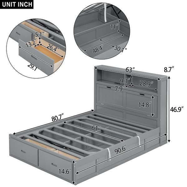 dimension image slide 1 of 2, Wood Queen Size Platform Bed with LED Headboard, Charging Station and 2 Drawers