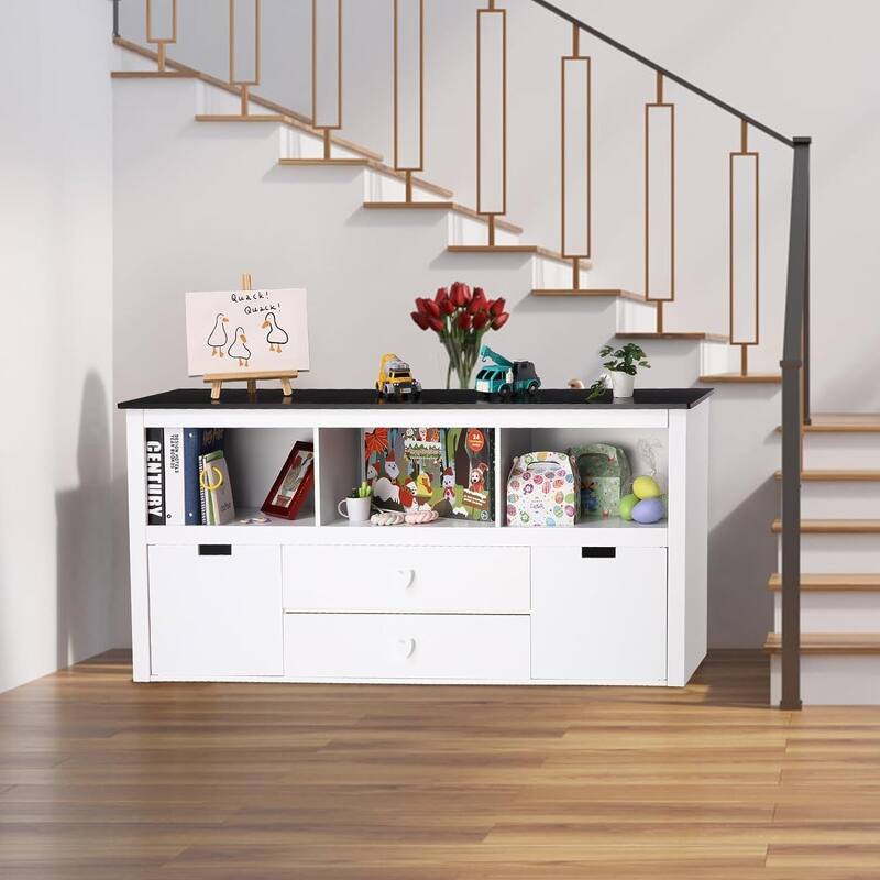 Wooden Toy Organizer Bins with Movable Drawers & Blackboard Top Kids Bookshelf