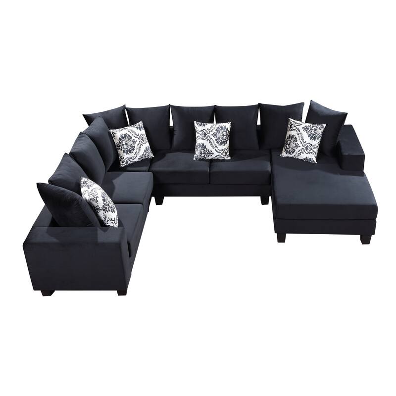 Modern U Shape Sectional Sofa, Velvet Corner Couch with Lots of Pillows Included,Black