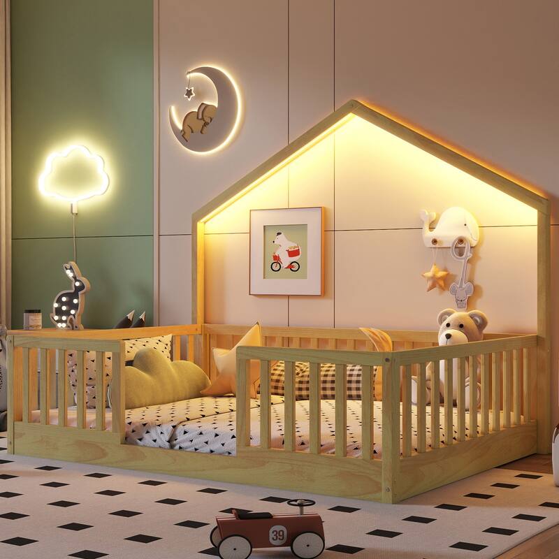 Wooden Floor Bed House-shaped Frame, Montessori Floor Bed with Light and High Rails, Wood Slat Support Floor Daybed - Natural - Full