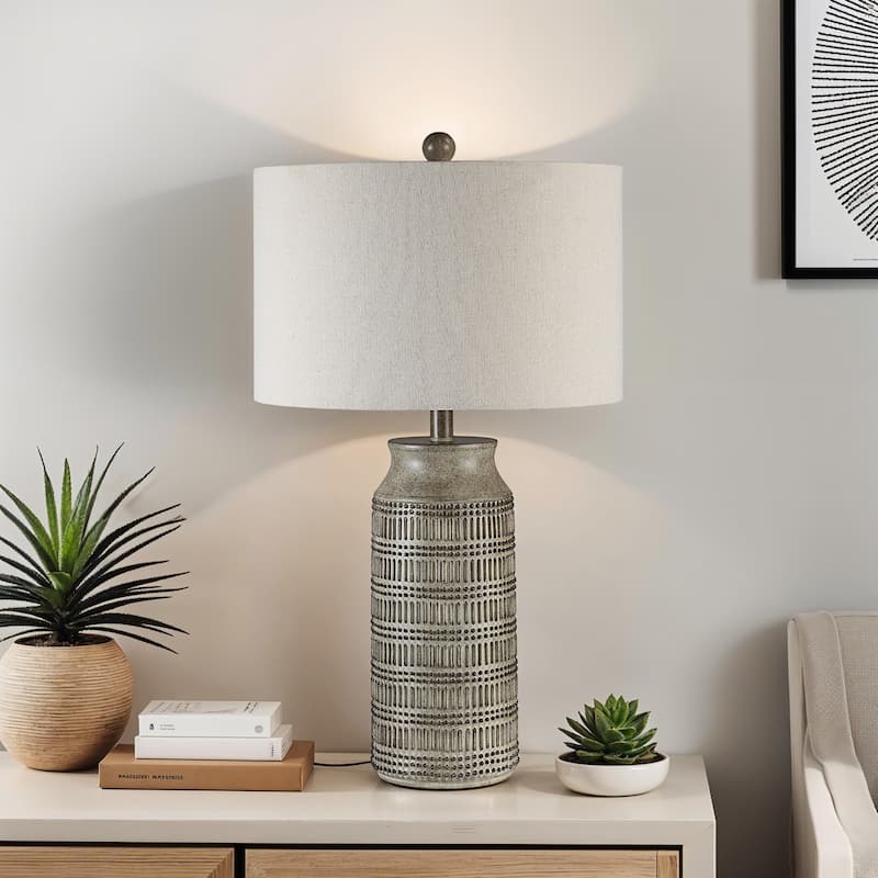 Vertical Striped Table Lamp with Cream Drum Shade - 30" - Brown
