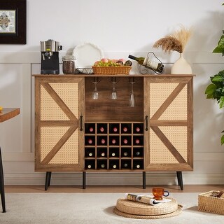 Double Door Design with Removable Shelves Rustic Wood Storage Cabinet, Wine Cabinet with Wine Rack and Wine Glass Rack